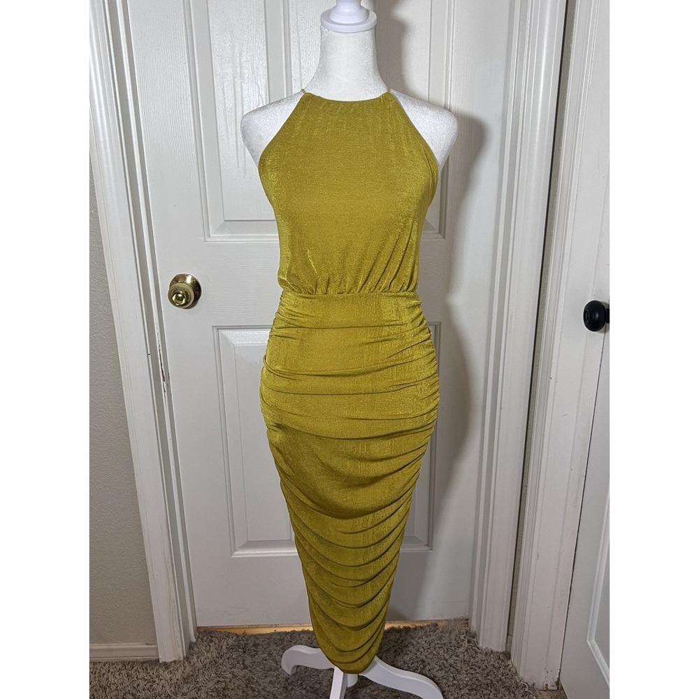 Missguided Gold Yellow Shimmer Ruched Bodycon Halter Dress Club Party Women's 0